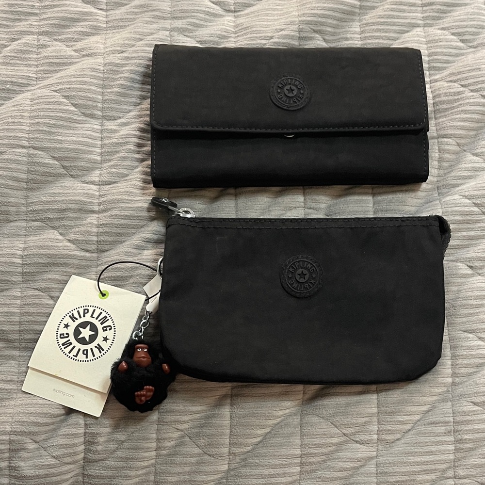 Kipling Black Large Wallet and Creativity Pouch Set